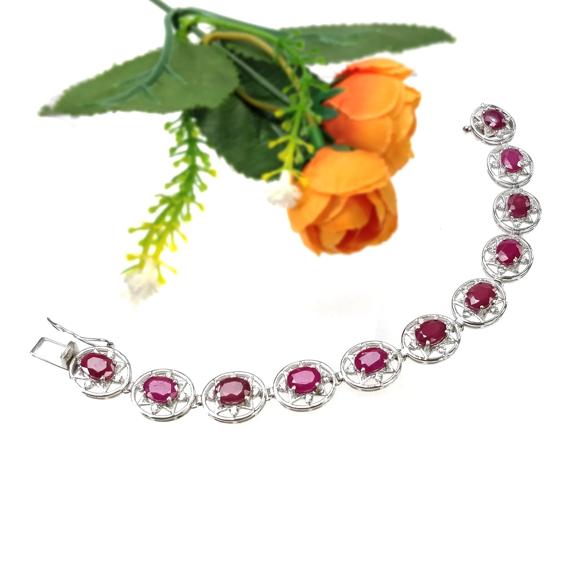 925 Sterling Silver Bracelet : 19.96gms Natural Glass Filled Ruby Gemstone With CZ Oval Normal Cut Prong Set Tennis Bracelet 7"