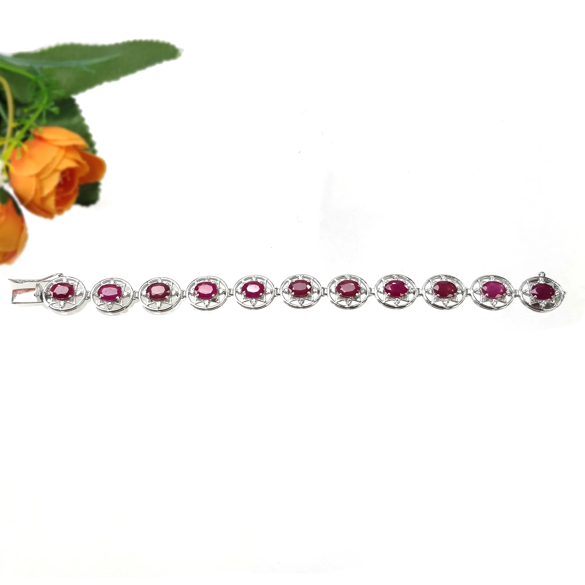 925 Sterling Silver Bracelet : 19.96gms Natural Glass Filled Ruby Gemstone With CZ Oval Normal Cut Prong Set Tennis Bracelet 7"