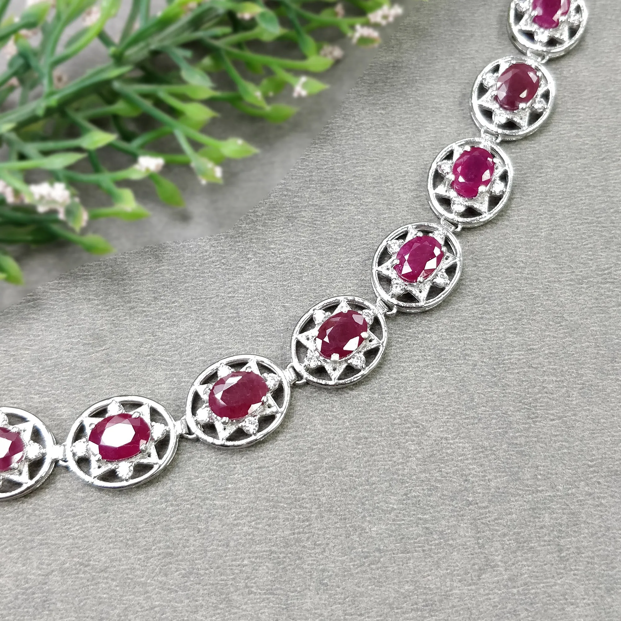 925 Sterling Silver Bracelet : 19.96gms Natural Glass Filled Ruby Gemstone With CZ Oval Normal Cut Prong Set Tennis Bracelet 7"