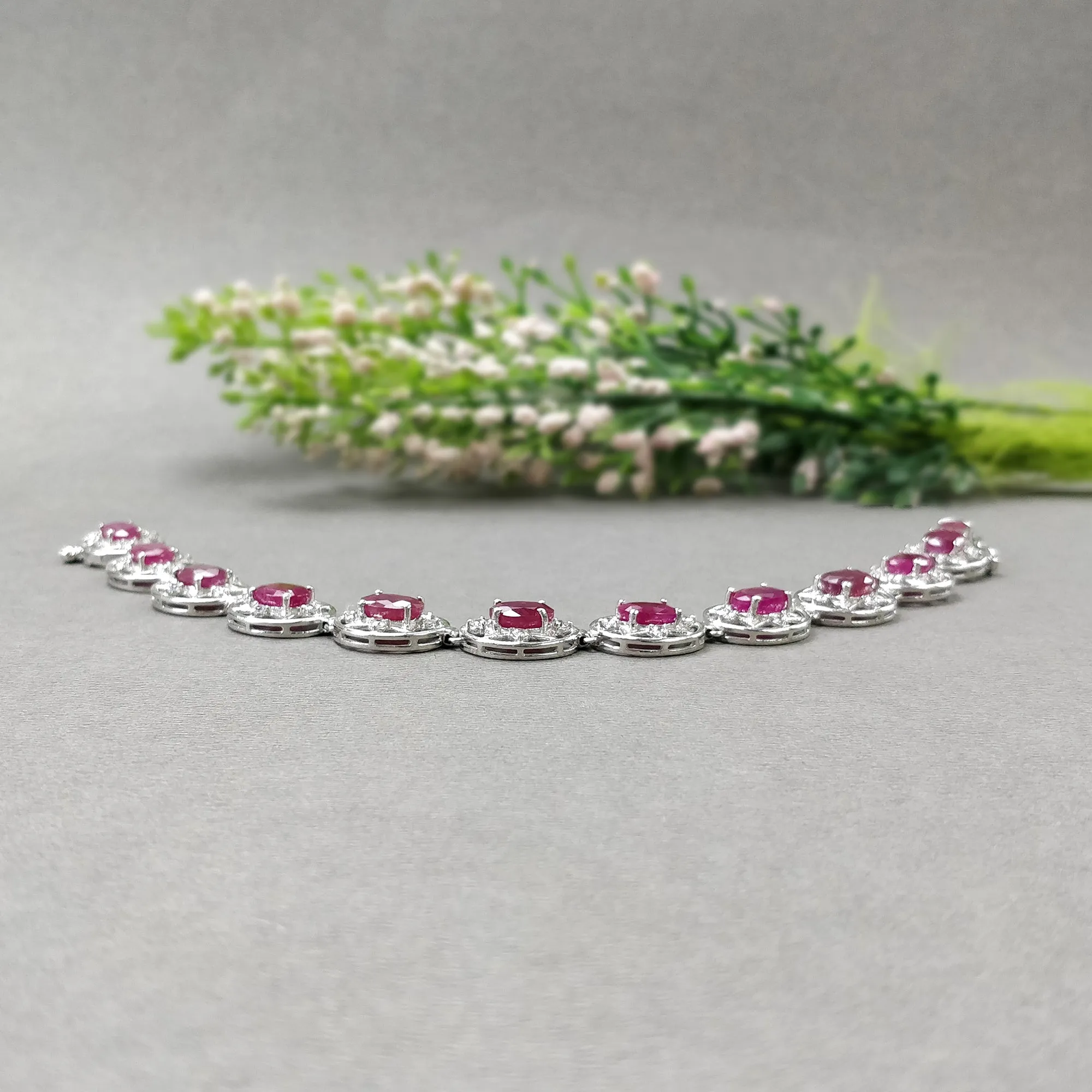 925 Sterling Silver Bracelet : 19.96gms Natural Glass Filled Ruby Gemstone With CZ Oval Normal Cut Prong Set Tennis Bracelet 7"