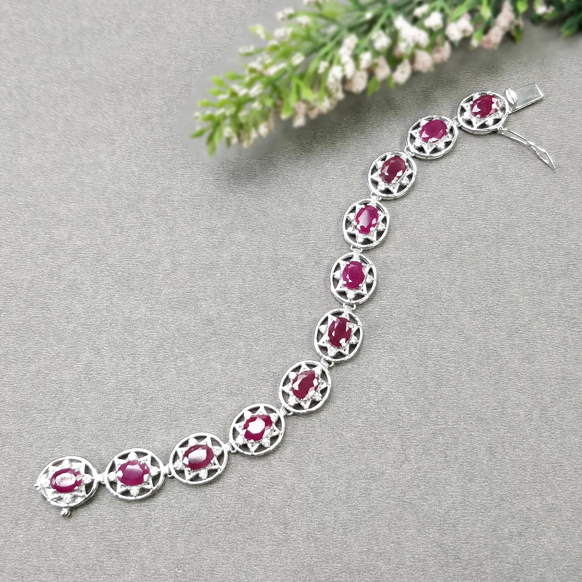 925 Sterling Silver Bracelet : 19.96gms Natural Glass Filled Ruby Gemstone With CZ Oval Normal Cut Prong Set Tennis Bracelet 7"