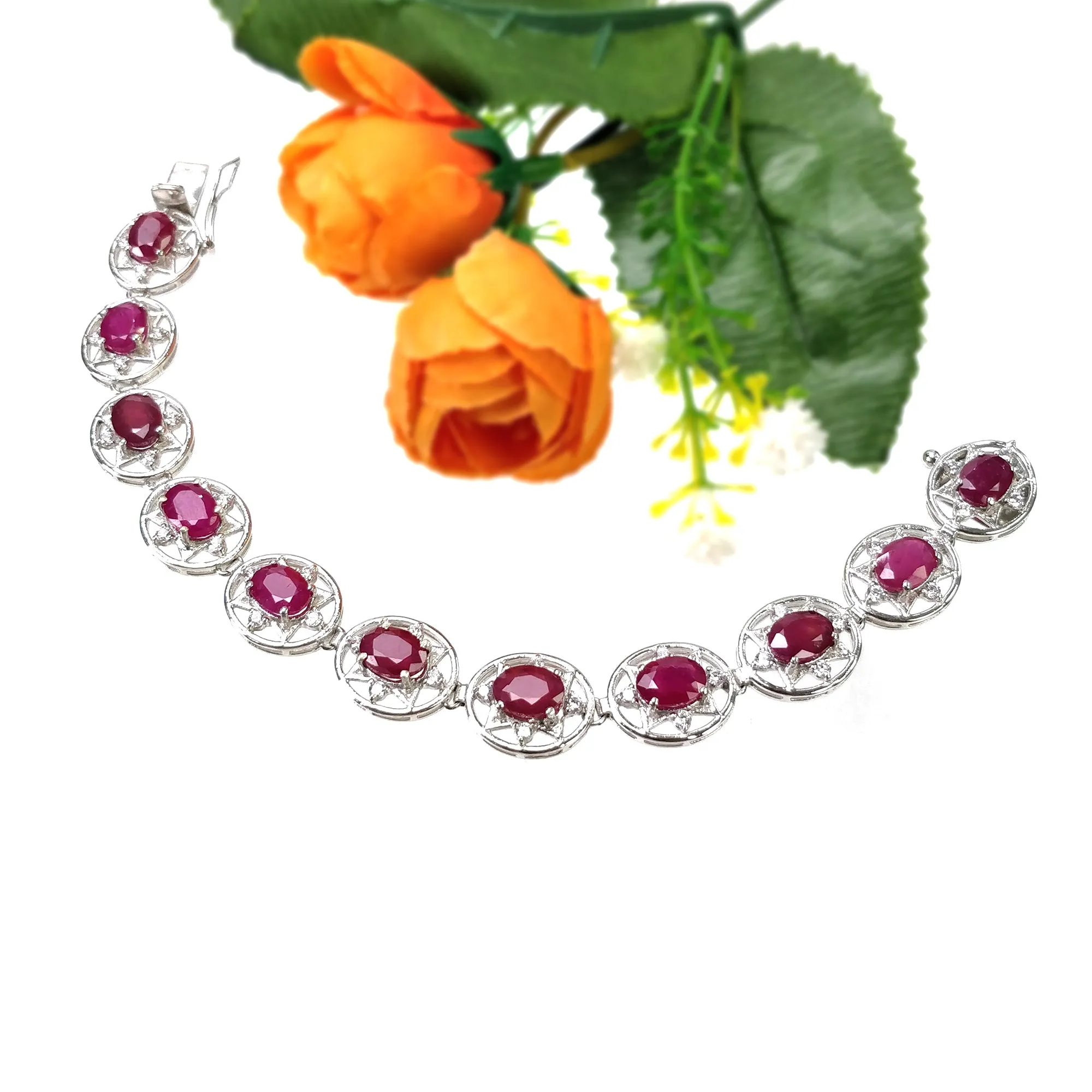 925 Sterling Silver Bracelet : 19.96gms Natural Glass Filled Ruby Gemstone With CZ Oval Normal Cut Prong Set Tennis Bracelet 7"