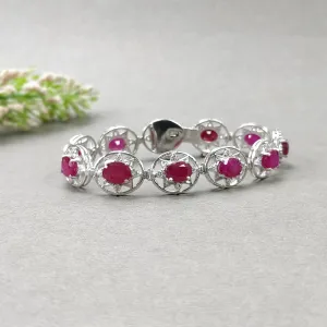 925 Sterling Silver Bracelet : 19.96gms Natural Glass Filled Ruby Gemstone With CZ Oval Normal Cut Prong Set Tennis Bracelet 7"