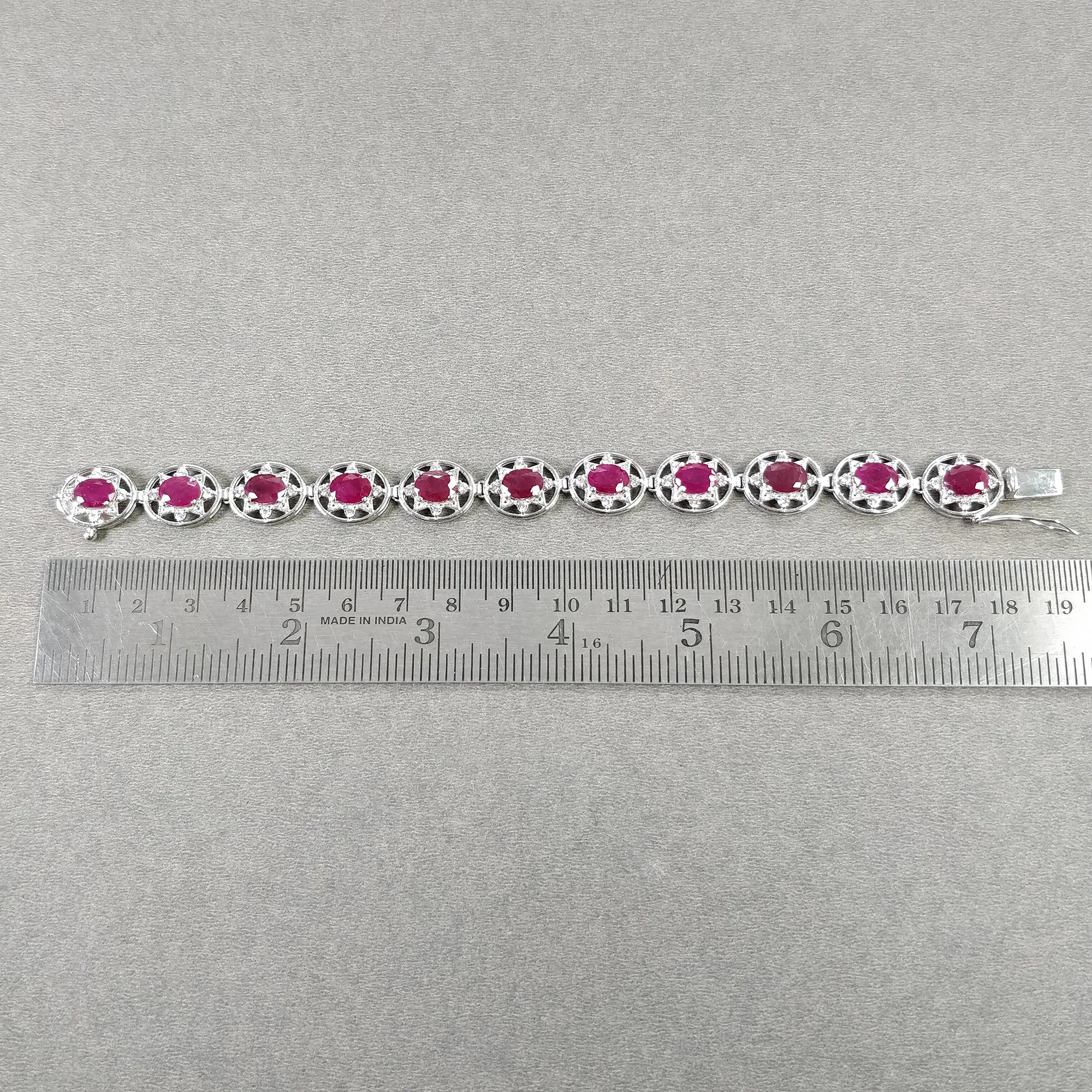 925 Sterling Silver Bracelet : 19.96gms Natural Glass Filled Ruby Gemstone With CZ Oval Normal Cut Prong Set Tennis Bracelet 7"
