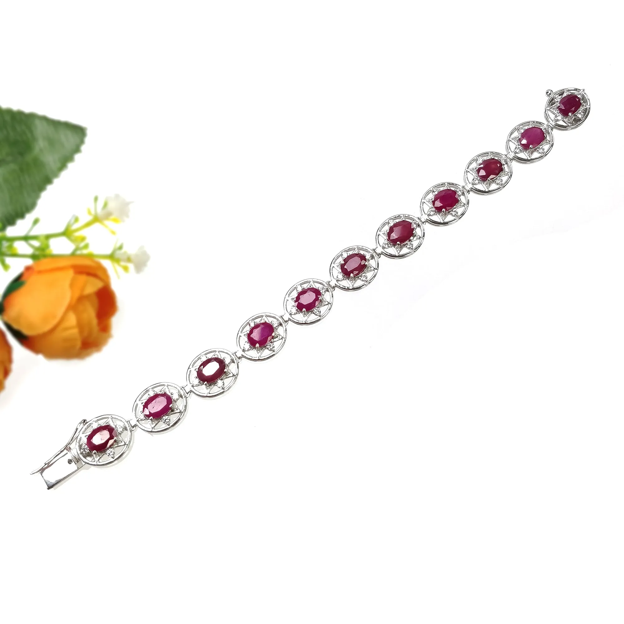 925 Sterling Silver Bracelet : 19.96gms Natural Glass Filled Ruby Gemstone With CZ Oval Normal Cut Prong Set Tennis Bracelet 7"