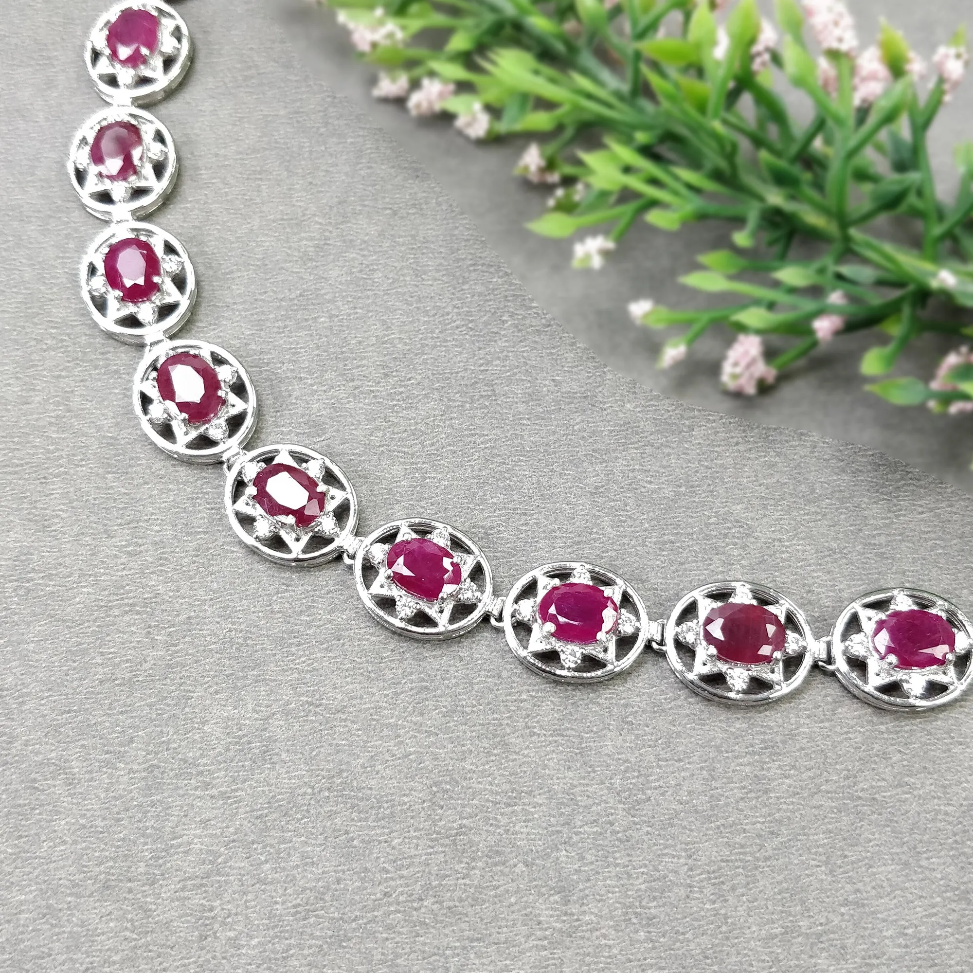 925 Sterling Silver Bracelet : 19.96gms Natural Glass Filled Ruby Gemstone With CZ Oval Normal Cut Prong Set Tennis Bracelet 7"